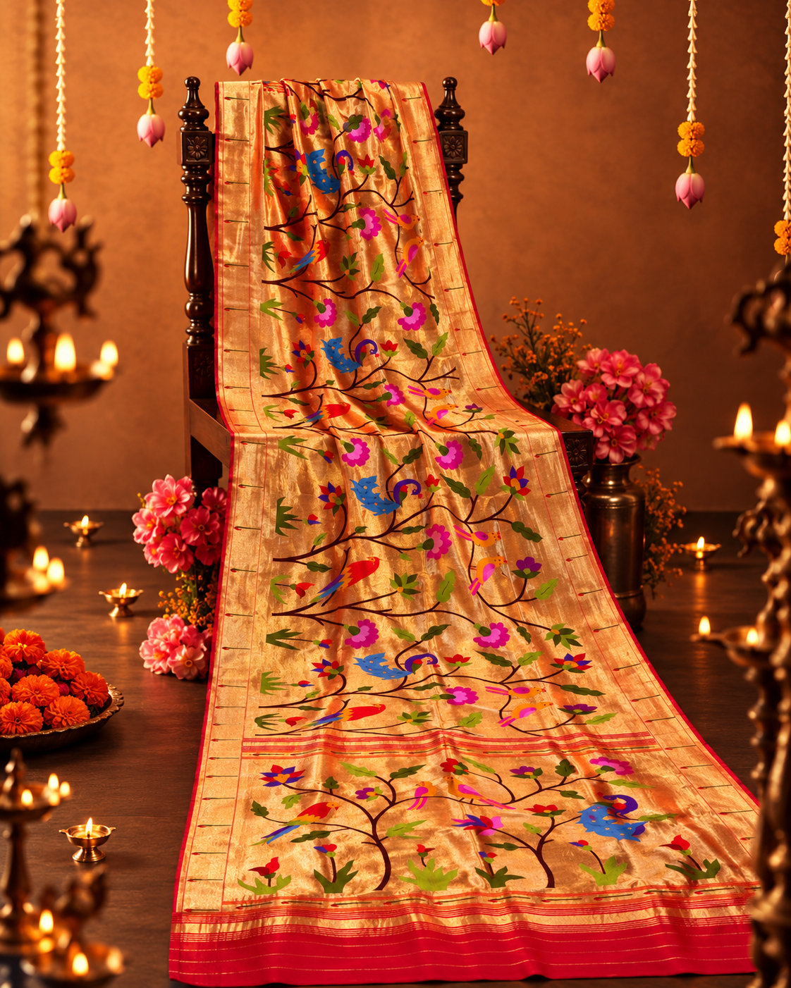 Pure Silk All Over Design Paithani with Golden Super Zari Weaving
