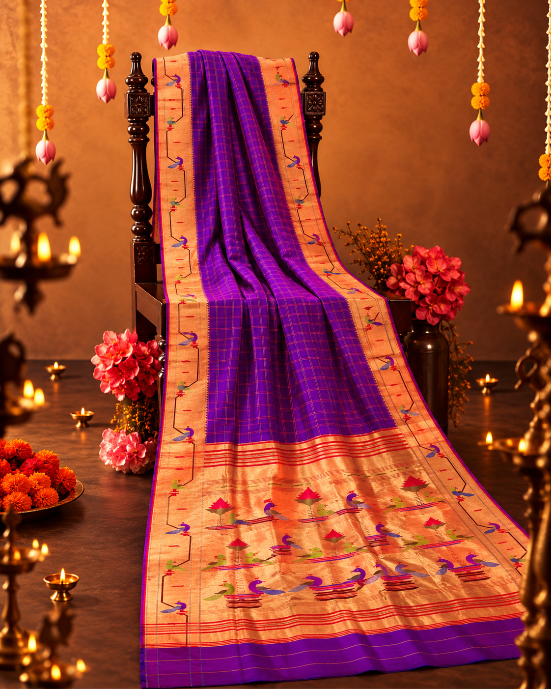 Pure Silk Mor Popat Border Checks Paithani with Peacock Parrot Pallu