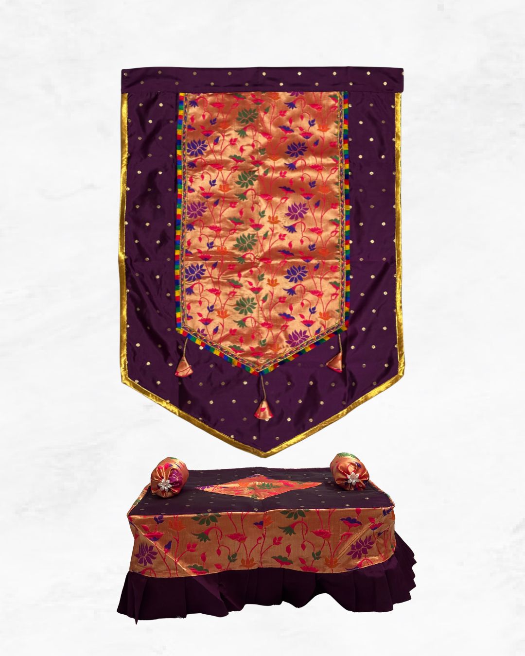 Paithani Ganpati Decoration Combo - Backdrop 40"x27" & Chaurang Cover 18"x18"