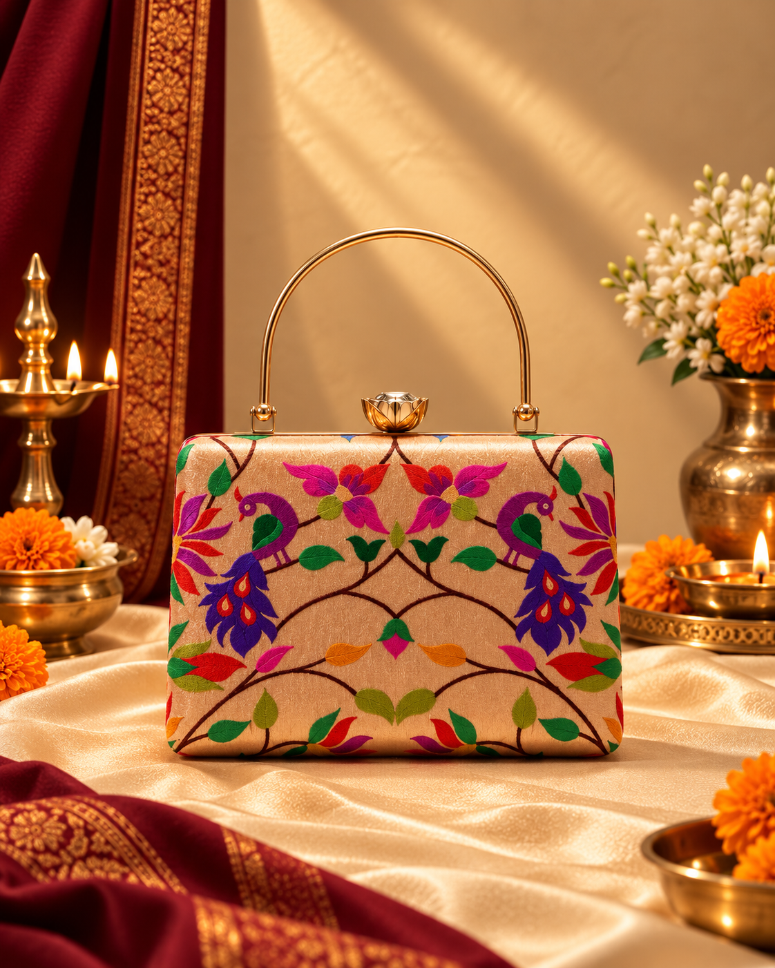 Paithani Purse with Dual Peacock Brocade Design