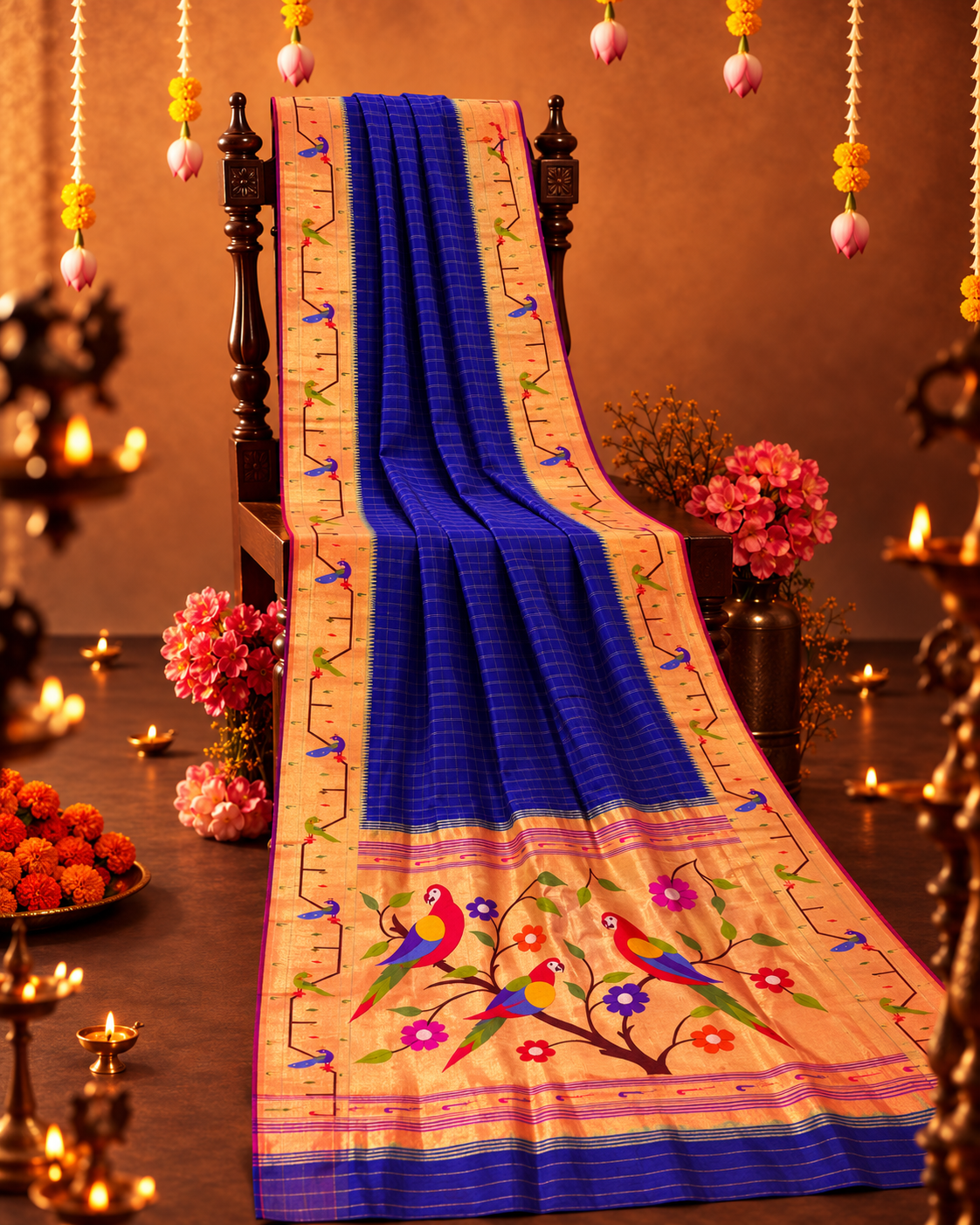 Pure Silk Mor Popat Border Checks Paithani