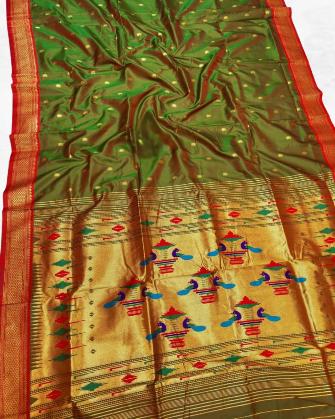 Olive Green Traditional Yeola Double Pallu Paithani Saree