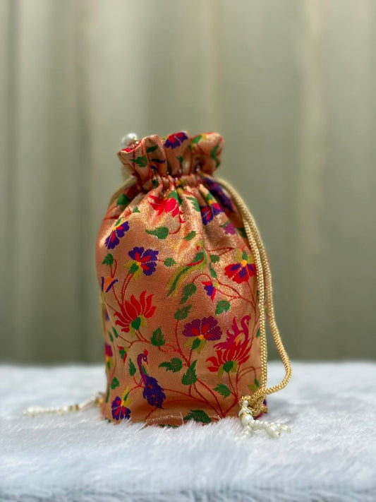 Paithani Potli Bag - Traditional Silk Drawstring Purse with Moti Handle